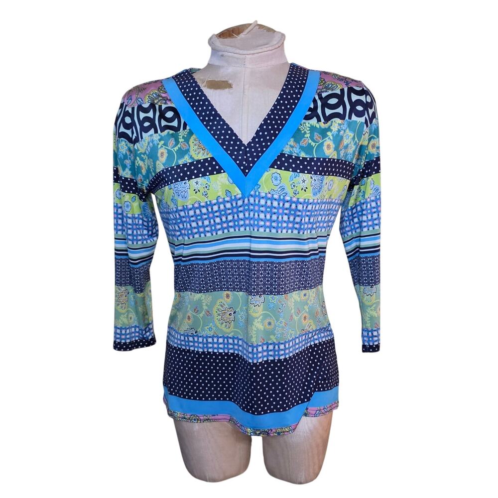 Blue striped V neck SARA CAMPBELL Women Tunic 3/4 sleeve‎ Top Small